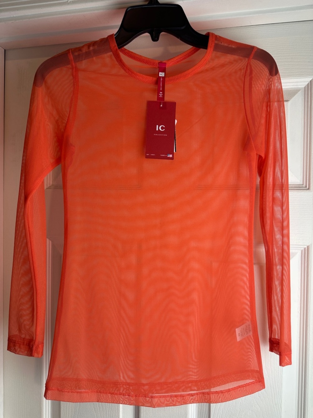 IC Collection Coral Sheer Mesh Crew Neck Long Sleeve Knit Top Size XS